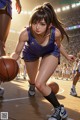 A woman in a basketball uniform dribbling a basketball on a court.